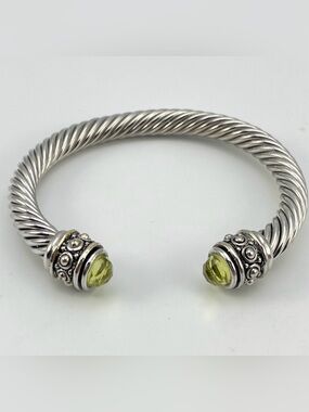 Beautiful Silver-Tone Twisted Cable Cuff Bracelet with Faux Peridot Stones